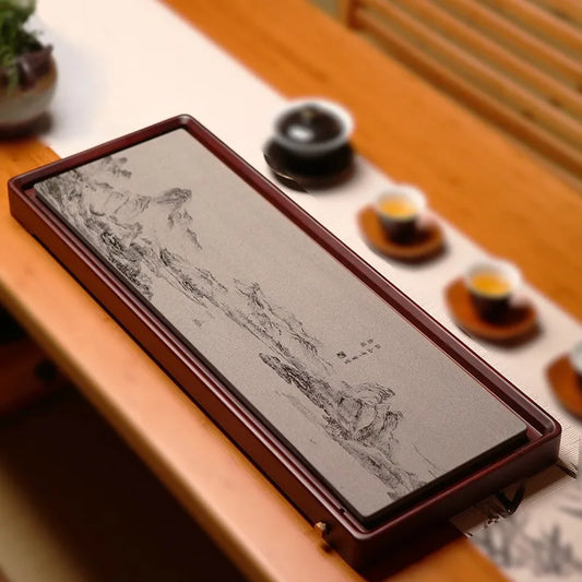 Zanghutianxia "A Panorama of Rivers and Mountains" Heavy Bamboo Black Stone Tea Tray Drainage Engraving Household Minimalist Kun