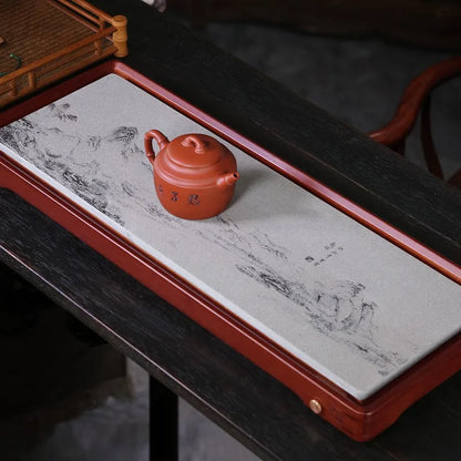 Zanghutianxia "A Panorama of Rivers and Mountains" Heavy Bamboo Black Stone Tea Tray Drainage Engraving Household Minimalist Kun