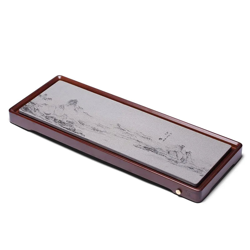 Zanghutianxia "A Panorama of Rivers and Mountains" Heavy Bamboo Black Stone Tea Tray Drainage Engraving Household Minimalist Kun