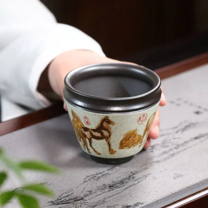 Zanghutianxia High-End Kung Fu Tea Cup Eight Horses Master Cup Raw Ore Yellow Handmade Painted Horse Tea Cup Tea Cup Tea Bowl Ei