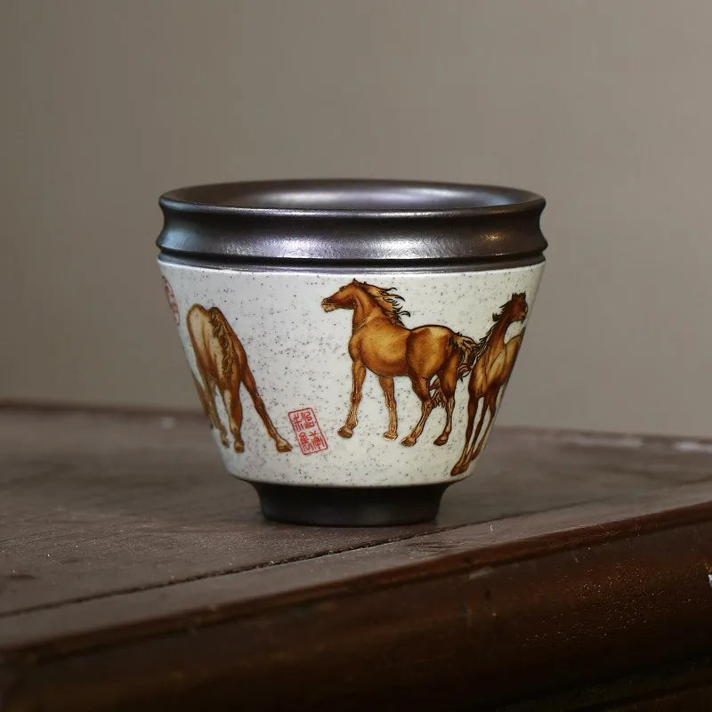 Zanghutianxia High-End Kung Fu Tea Cup Eight Horses Master Cup Raw Ore Yellow Handmade Painted Horse Tea Cup Tea Cup Tea Bowl Ei