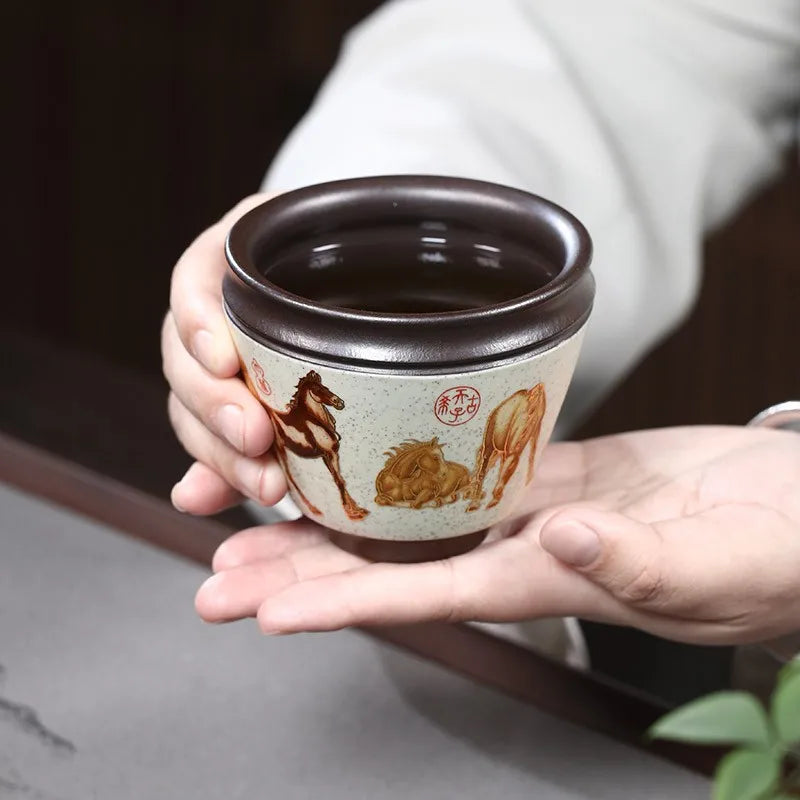 Zanghutianxia High-End Kung Fu Tea Cup Eight Horses Master Cup Raw Ore Yellow Handmade Painted Horse Tea Cup Tea Cup Tea Bowl Ei