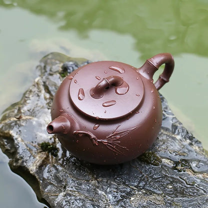 Zanghutianxia Large Capacity Yixing Zisha Teapot Handmade Applique Bamboo Zisha Tea Set Raw Ore Purple Clay High-Grade Teapot Gr