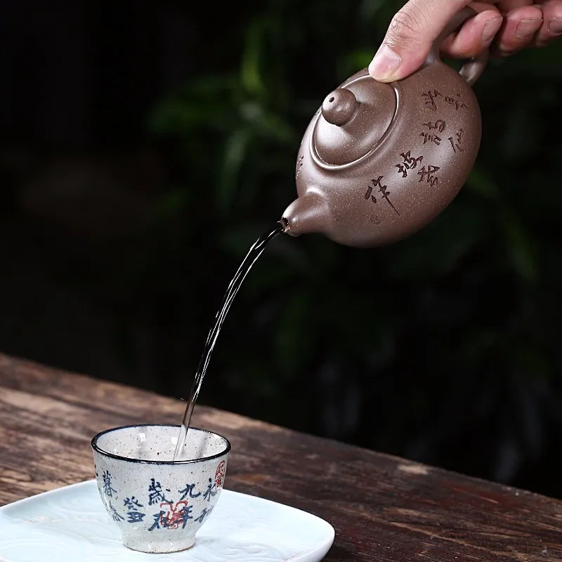 Zanghutianxia Pure Handmade Lettering Yixing Purple Clay Pot Small Capacity Green Plaster Kombucha Pot Sets Dahong Lotus Seed Da