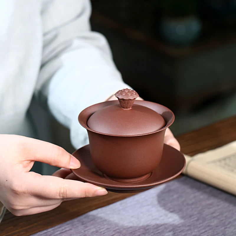 Zanghutianxia Purple Sand Gaiwan Single Tea Bowl with Lid Boccaro Cup Non-Scald Tea Cup Tea Set Covered-Bowl Tea Green Lotus Cov