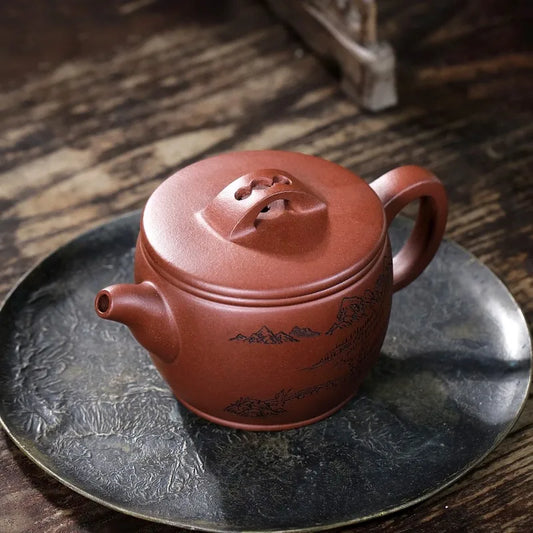 Zanghutianxia Purple Sand Pot Yixing Country Aid No. 4 Well Bottom Groove Cleaning Teapot Handmade Double-Sided Carving Little T