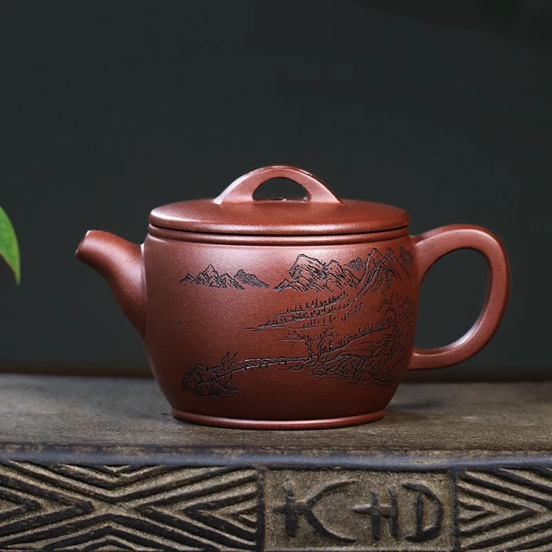 Zanghutianxia Purple Sand Pot Yixing Country Aid No. 4 Well Bottom Groove Cleaning Teapot Handmade Double-Sided Carving Little T