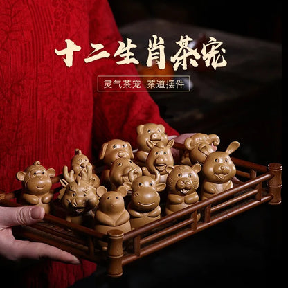 Zanghutianxia Purplue Sand Tea Pet Raw Ore Beige Clay Tea Ceremony Utensils Tea Table Decoration 12 Zodiac Mini Tea Set