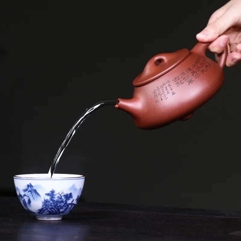 Zanghutianxia Yixing Purple Clay Pot Famous Chinese Worker Yu Yue All Hand-Carved Raw Ore Bottom Trough Clear Capacity Jingzhou