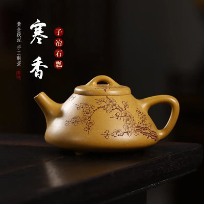 Zanghutianxia Yixing Purple Clay Pot Hand-Carved Plum Blossom Purple Sand Tea Set Raw Ore Gold Segment Mud Teapot Cold Fragrance