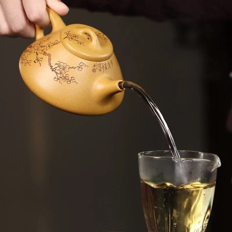 Zanghutianxia Yixing Purple Clay Pot Hand-Carved Plum Blossom Purple Sand Tea Set Raw Ore Gold Segment Mud Teapot Cold Fragrance
