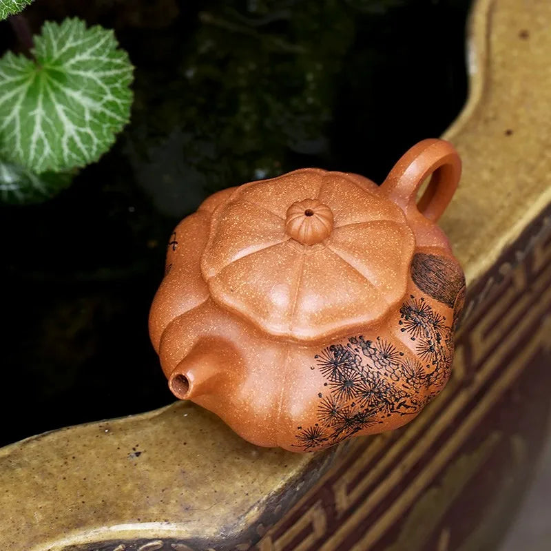 Zanghutianxia Yixing Purple Clay Pot Hand-Carved Teapot Raw Ore Cold Gold Yellow Mud Kung Fu Tea Set Tendon Maker Sunflower Arch