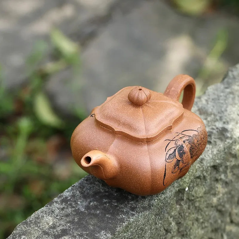 Zanghutianxia Yixing Purple Clay Pot Hand-Carved Teapot Raw Ore Cold Gold Yellow Mud Purple Sand Tea Set Angle Rib Pattern Stove