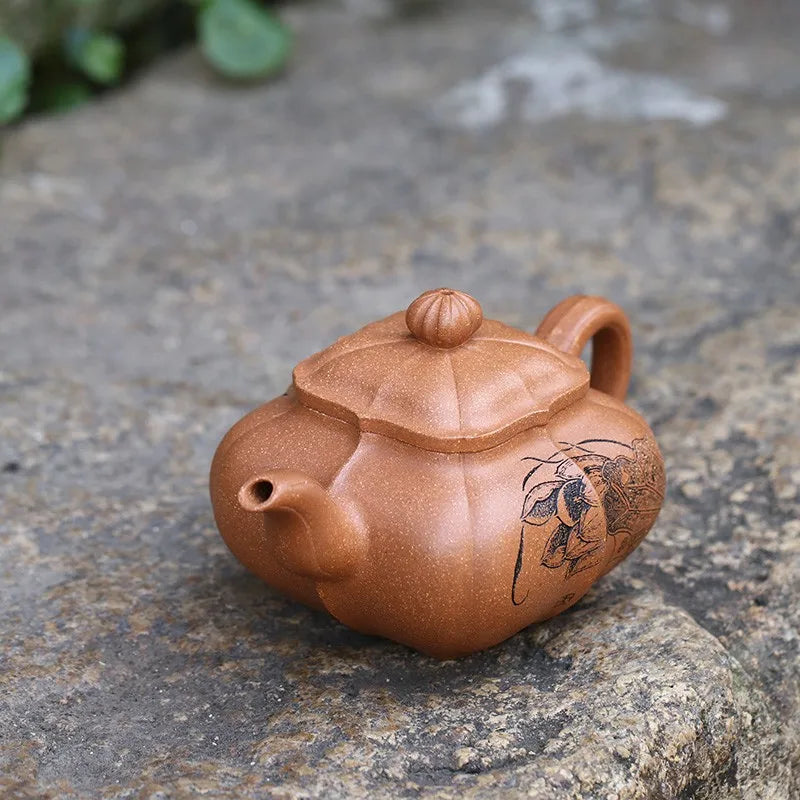Zanghutianxia Yixing Purple Clay Pot Hand-Carved Teapot Raw Ore Cold Gold Yellow Mud Purple Sand Tea Set Angle Rib Pattern Stove