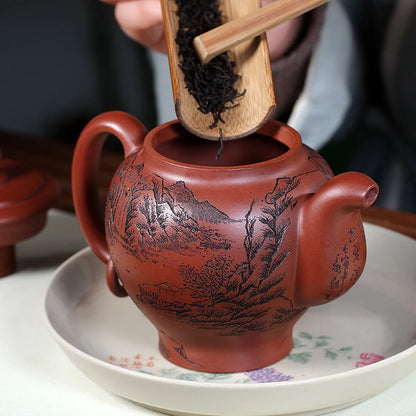 Zanghutianxia Yixing Purple Clay Pot Handmade Carved High-End Teaware Single Pot Raw Ore Dragon Blood Sand Handmade Teapot Zen H