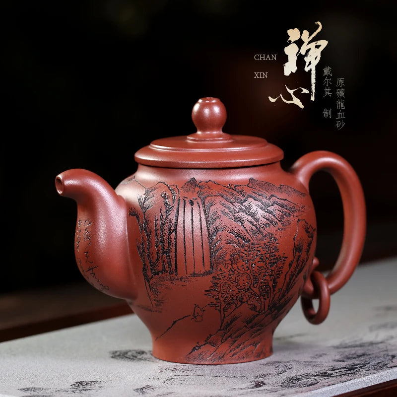 Zanghutianxia Yixing Purple Clay Pot Handmade Carved High-End Teaware Single Pot Raw Ore Dragon Blood Sand Handmade Teapot Zen H