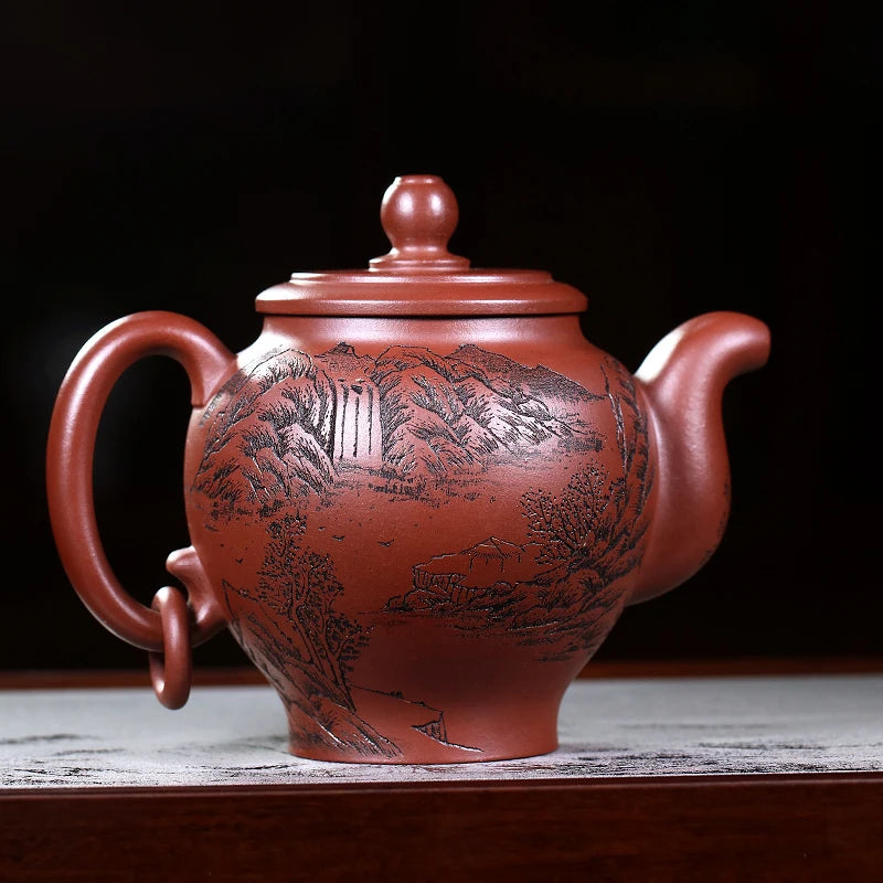 Zanghutianxia Yixing Purple Clay Pot Handmade Carved High-End Teaware Single Pot Raw Ore Dragon Blood Sand Handmade Teapot Zen H