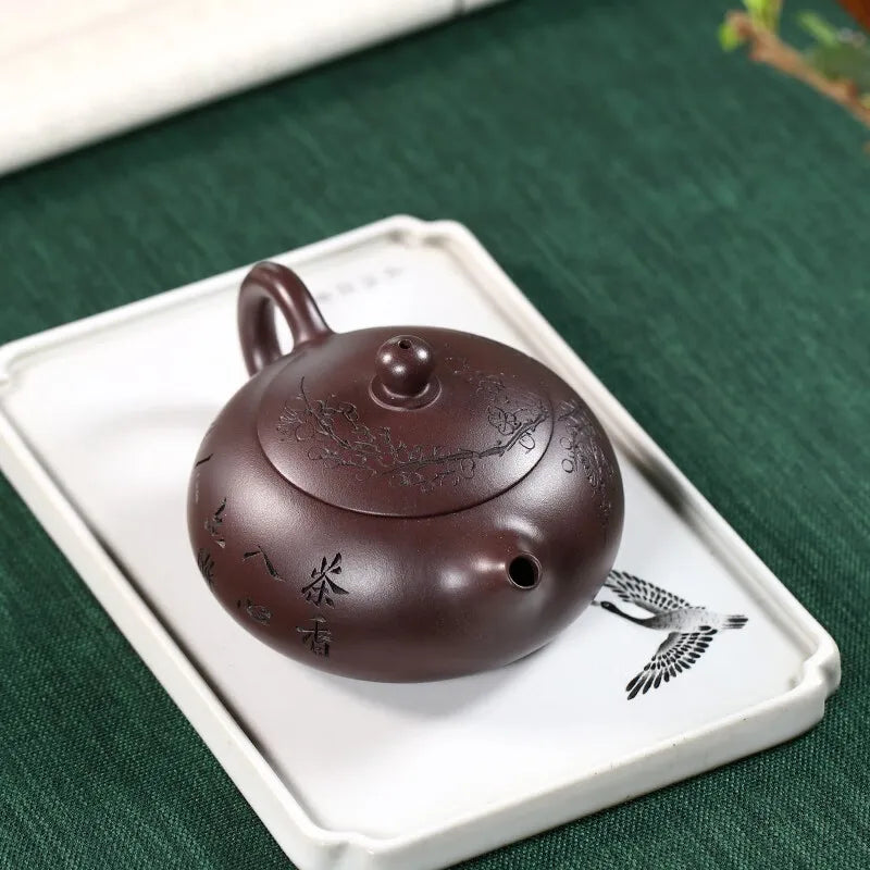 Zanghutianxia Yixing Purple Clay Pot Handmade Carved Plum Blossom Kung Fu Teaware Single Pot Raw Ore Purple Clay Household Teapo