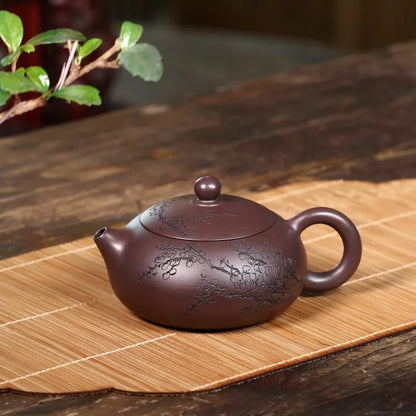 Zanghutianxia Yixing Purple Clay Pot Handmade Carved Plum Blossom Kung Fu Teaware Single Pot Raw Ore Purple Clay Household Teapo