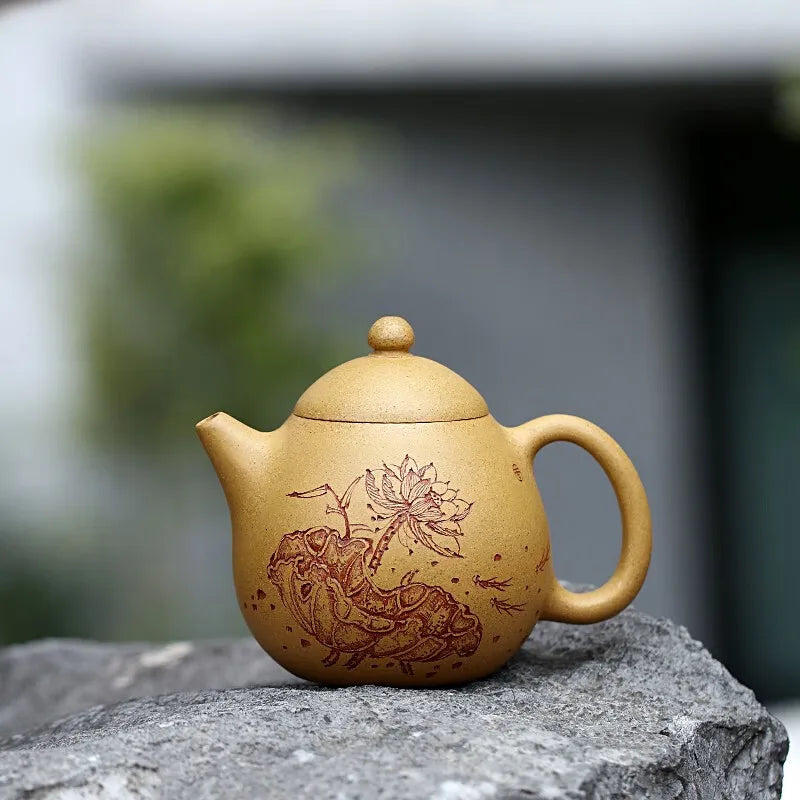 Zanghutianxia Yixing Purple Clay Pot Handmade Carved Purple Sand Tea Set Raw Ore Gold Segment Mud Teapot Dragon Egg Pot