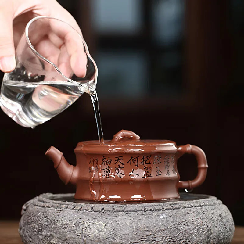 Zanghutianxia Yixing Purple Clay Teapot Famous Handmade Carved Tea Set Crude Ore Old Purple Clay Household Teapot Yi Pin Bamboo