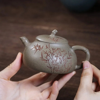 Zanghutianxia Yixing Purple Clay Teapot Handmade Carved Kung Fu Tea Set Raw Ore Green Segment Mud Small Capacity Teapot Bamboo F