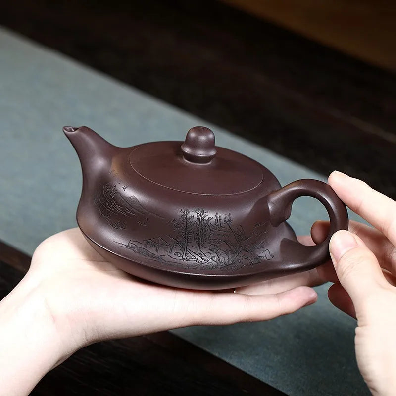 Zanghutianxia Yixing Purple Clay Teapot Handmade Carved Purple Clay Tea Set Croyed Pot Raw Ore Purple Clay Household Teapot Sing