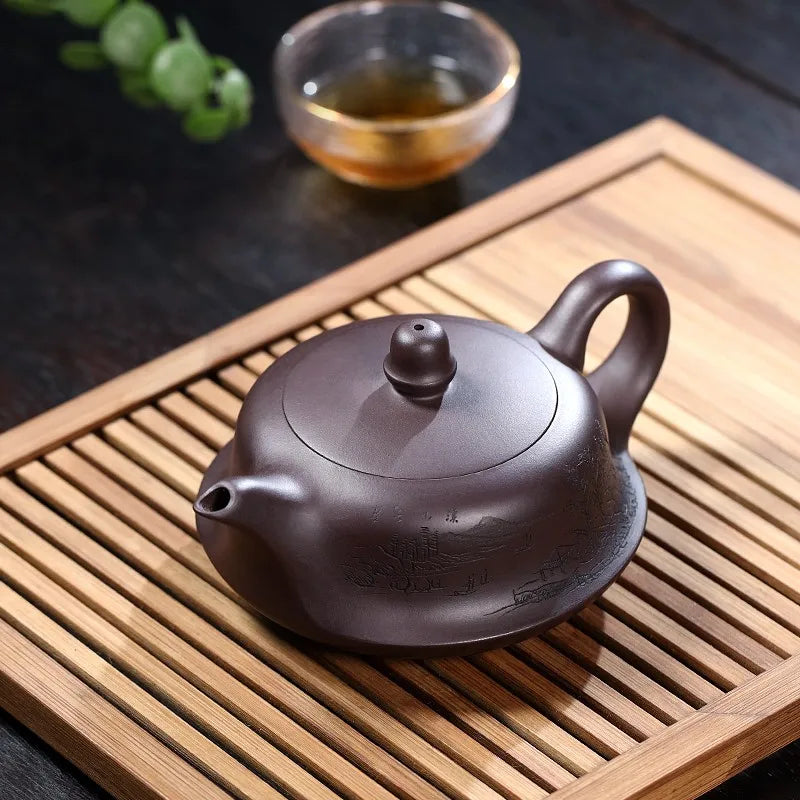 Zanghutianxia Yixing Purple Clay Teapot Handmade Carved Purple Clay Tea Set Croyed Pot Raw Ore Purple Clay Household Teapot Sing