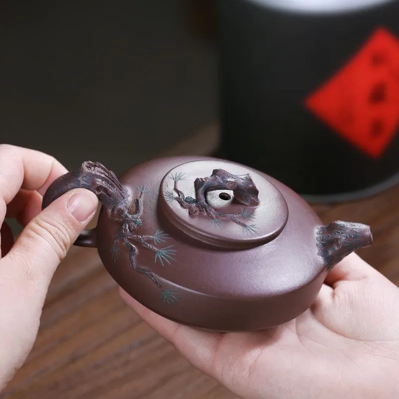 Zanghutianxia Yixing Purple Clay Teapot Handmade Kung Fu Tea Set Flower Ware Pine, Bamboo, Wintersweet Raw Ore Deep Well Purple