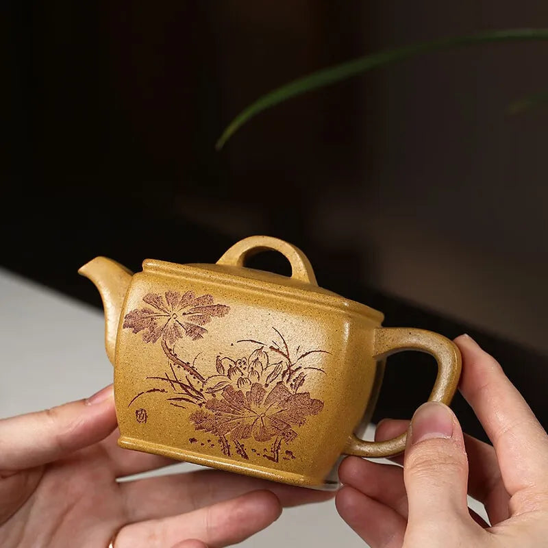 Zanghutianxia Yixing Purple Clay Teapot Handmade Kung Fu Tea Set Square Pot Raw Ore Golden Yellow Segment Mud Household Teapot S