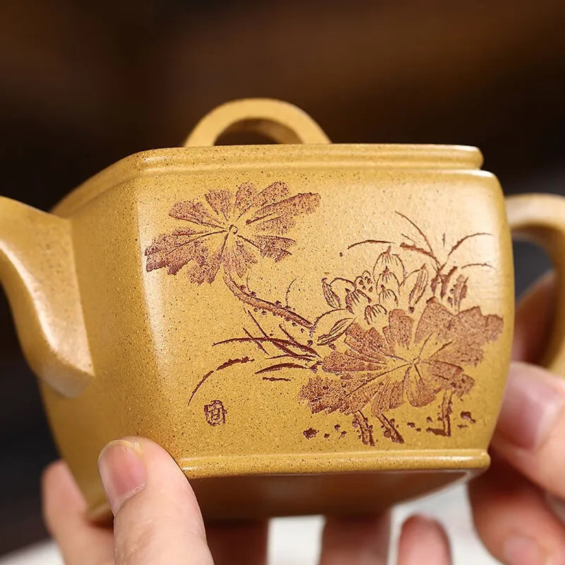 Zanghutianxia Yixing Purple Clay Teapot Handmade Kung Fu Tea Set Square Pot Raw Ore Golden Yellow Segment Mud Household Teapot S