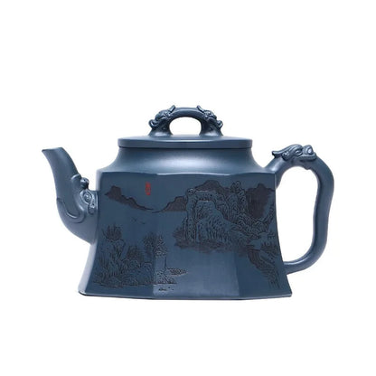 Zanghutianxia Yixing Purple Sand Teapot Handmade Carved Purple Sand Tea Set Square Pot Raw Ore Dark Green Mud Household Teapot E