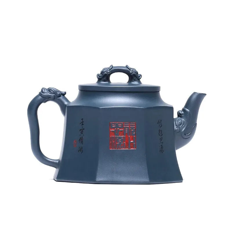 Zanghutianxia Yixing Purple Sand Teapot Handmade Carved Purple Sand Tea Set Square Pot Raw Ore Dark Green Mud Household Teapot E