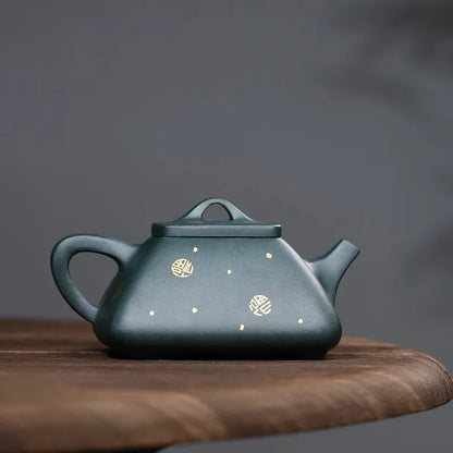 Zanghutianxia Yixing Purple Sand Teapot Handmade Gold Sprinkling Household Teapot Square Pot Raw Ore Dark Green Mud Purple Sand