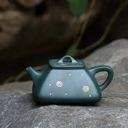 Zanghutianxia Yixing Purple Sand Teapot Handmade Gold Sprinkling Household Teapot Square Pot Raw Ore Dark Green Mud Purple Sand