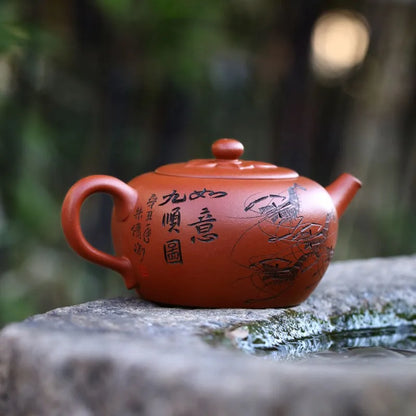 Zanghutianxia Yixing Purple Sand Teapot Raw Ore Red Leather Dragon Purple Sand Tea Set Handmade Carving Teapot Ruyi Jiushun Ruyi