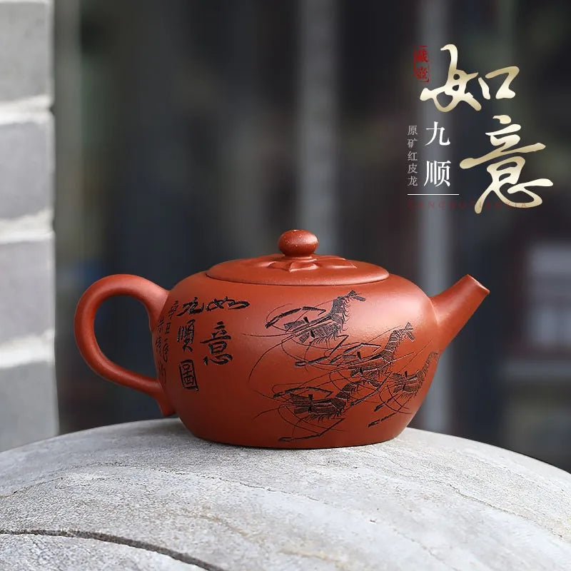 Zanghutianxia Yixing Purple Sand Teapot Raw Ore Red Leather Dragon Purple Sand Tea Set Handmade Carving Teapot Ruyi Jiushun Ruyi