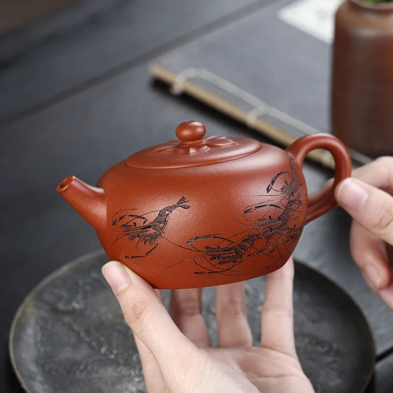 Zanghutianxia Yixing Purple Sand Teapot Raw Ore Red Leather Dragon Purple Sand Tea Set Handmade Carving Teapot Ruyi Jiushun Ruyi