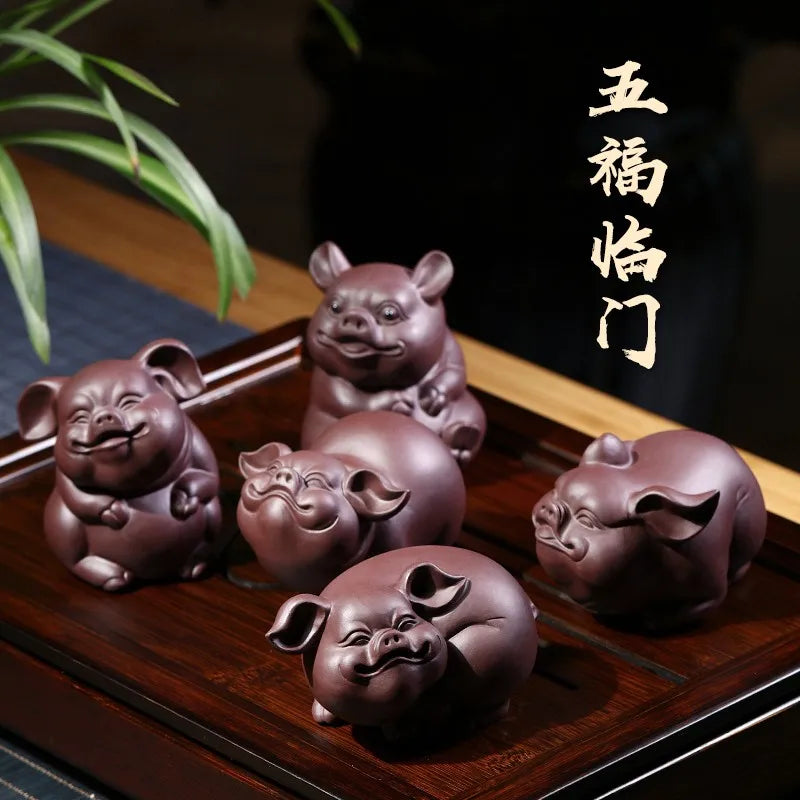 Zanghutianxia Yixing Raw Ore Purple Clay Lucky Pig Tea Ornaments Tea Table Decoration Five Blessings Tea Set Supportable Tea Cer