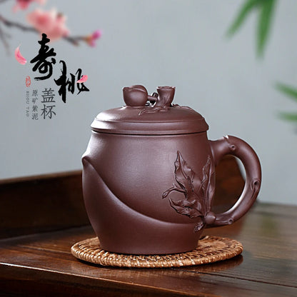 Zanghutianxia Yixing Zisha Cup Handmade Decals Longevity Peach Cup with Cover Large Capacity Office Teaware Men Tea Cup with Cov