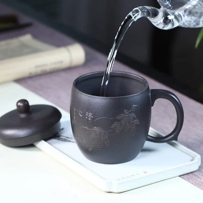 Zanghutianxia Yixing Zisha Cup Handmade Men's Tea Cup with Lid Office Teaware Black Galaxy Clear Heart Cup with Cover Clear Hear