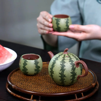 Zanghutianxia Yixing Zisha Teapot Bionic Watermelon Teapot Tea Set Handmade Flower Teapot Zisha Teapot Watermelon Pot One Pot Tw