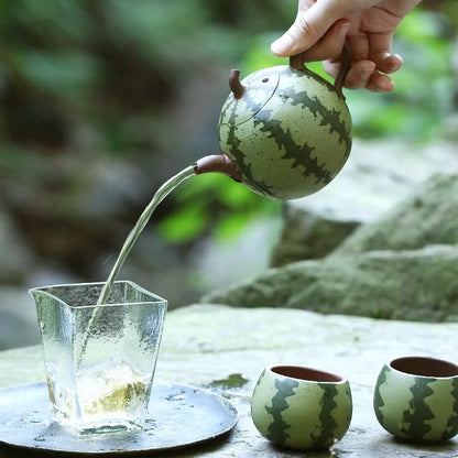 Zanghutianxia Yixing Zisha Teapot Bionic Watermelon Teapot Tea Set Handmade Flower Teapot Zisha Teapot Watermelon Pot One Pot Tw