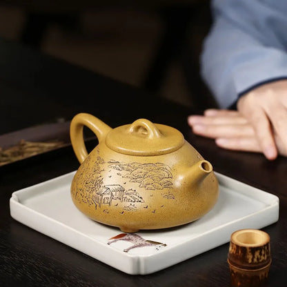 Zanghutianxia Yixing Zisha Teapot Hand-Carved Household Teapot Raw Ore Gold Segment Mud Zisha Tea Set Ziye Stone Ladle Pot Ziye