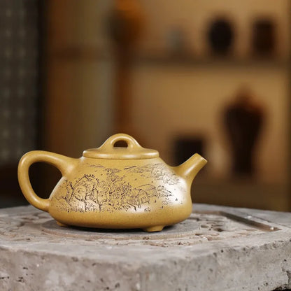 Zanghutianxia Yixing Zisha Teapot Hand-Carved Household Teapot Raw Ore Gold Segment Mud Zisha Tea Set Ziye Stone Ladle Pot Ziye