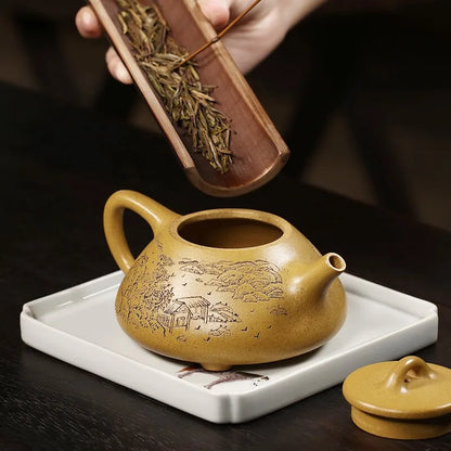 Zanghutianxia Yixing Zisha Teapot Hand-Carved Household Teapot Raw Ore Gold Segment Mud Zisha Tea Set Ziye Stone Ladle Pot Ziye