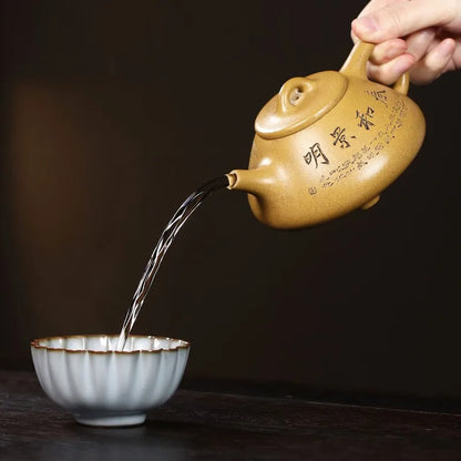 Zanghutianxia Yixing Zisha Teapot Hand-Carved Household Teapot Raw Ore Gold Segment Mud Zisha Tea Set Ziye Stone Ladle Pot Ziye