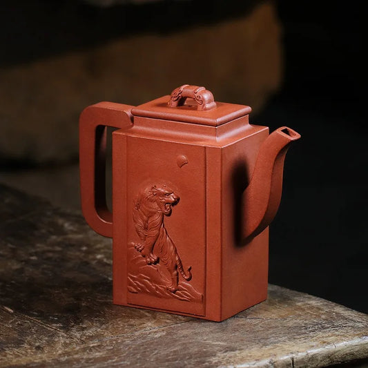 Zanghutianxia Yixing Zisha Teapot Handmade Relief Craft Teapot Raw Ore Red Plain Cement Zisha Tea Set Square Pot Xiongfeng Pot X