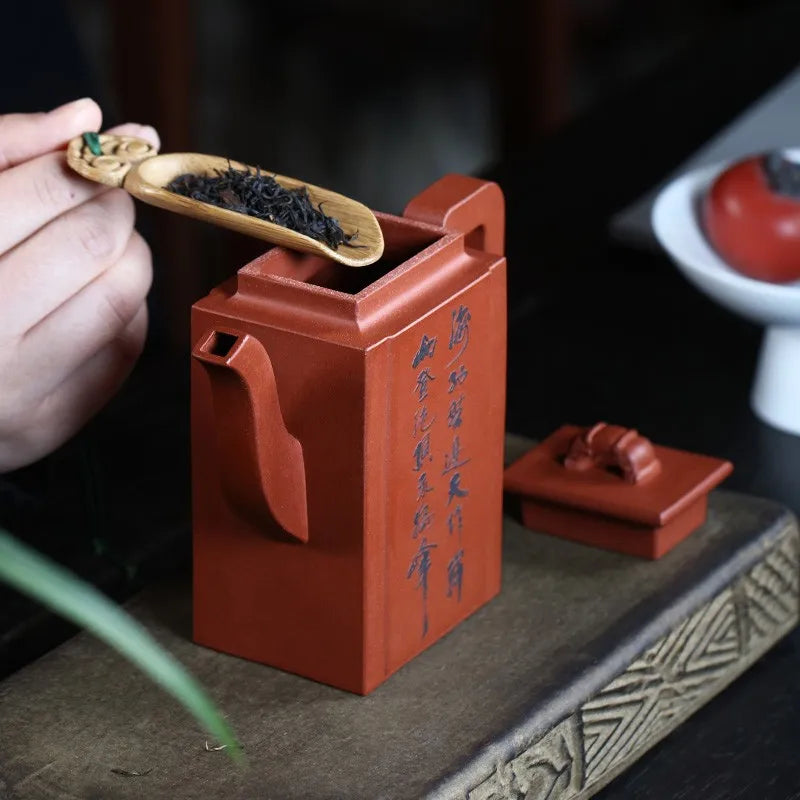 Zanghutianxia Yixing Zisha Teapot Handmade Relief Craft Teapot Raw Ore Red Plain Cement Zisha Tea Set Square Pot Xiongfeng Pot X