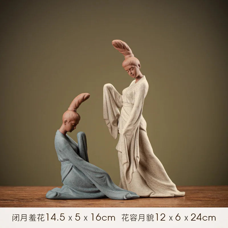 Zen Chinese Ancient Dancing Ladies Beautiful Women Statues Figure Crafts Ceramic Purple Sand Tea Room Decorations Gift